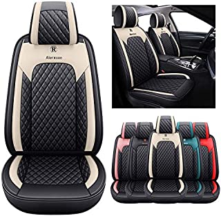 2 Front Seat Covers for Cars Leather Waterproof Vehicle Seat Cushions Universal Fit for Kia Soul Sorento Optima Sporage Amanti Crosstour Chr Prius Venza Fj Crown Jeep (2 PCS Front, Black-Beige)