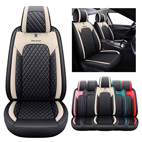 2 Front Seat Covers for Cars Leather Waterproof Vehicle Seat Cushions Universal Fit for Kia Soul Sorento Optima Sporage Amanti Crosstour Chr Prius Venza Fj Crown Jeep (2 PCS Front, Black-Beige)