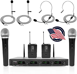 Pyle 4 Channel Wireless Microphone System-Portable UHF Audio Set with 2 Handheld, 2 Headset, 2 Lavalier Mics, 2 Transmitter, 8'AA' Battery, Power Adapter-for Karaoke, PA, DJ PDWM4540