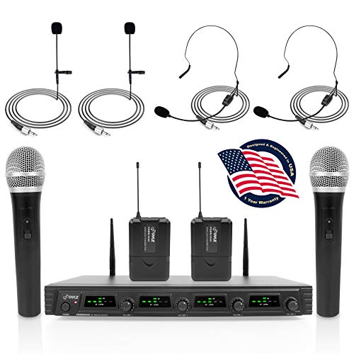 Pyle 4 Channel Wireless Microphone System-Portable UHF Audio Set with 2 Handheld, 2 Headset, 2 Lavalier Mics, 2 Transmitter, 8'AA' Battery, Power Adapter-for Karaoke, PA, DJ PDWM4540