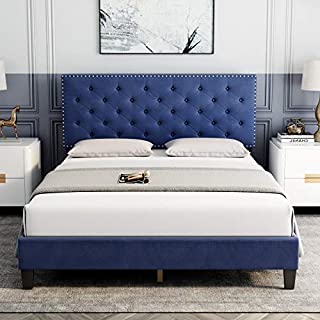 HOMECHO Queen Bed Frame, Modern Upholstered Platform Bed with Headboard, Heavy Duty Bed Frame with Wood Slat Support, No Box Spring Required, Easy Assembly (Queen, Blue)