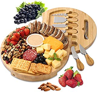 BOLTLINK Cheese Board and Knife Set, Bamboo Round Charcuterie Boards Swivel Meat Platter Personalized Tray with 6 knives for Housewarming Christmas Thanksgiving Party Birthday Wedding Gifts