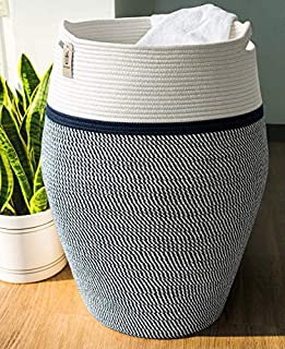 Goodpick Laundry Hamper | Large Wicker Hamper Dark Blue Woven Basket Neutral Clothes Hamper for Living Room Decorative Modern Curve Storage Bucket 25.6