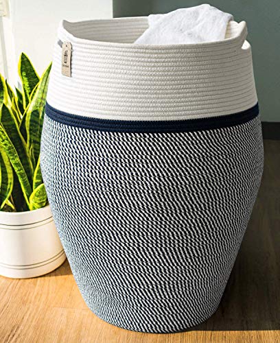 Goodpick Laundry Hamper | Large Wicker Hamper Dark Blue Woven Basket Neutral Clothes Hamper for Living Room Decorative Modern Curve Storage Bucket 25.6