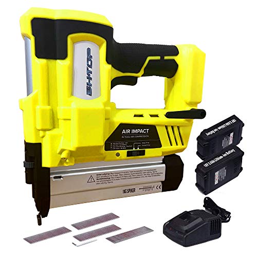 BHTOP Cordless Brad Nailer 18Ga Heavy Finish Nail Gun With 18Volt 2Ah Lithium-ion Rechargeable Battery in Yellow(Charger and Carrying Case (2Batteries)