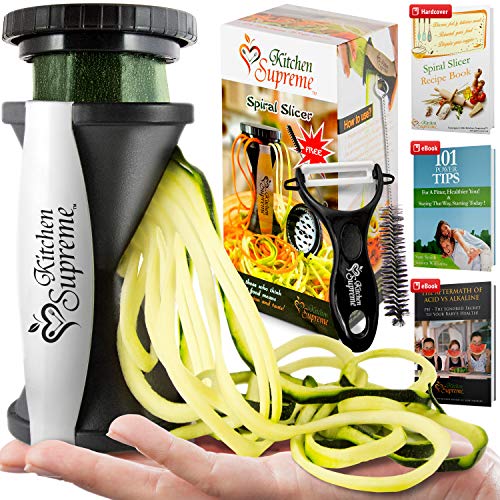 Zucchini Spaghetti Maker Complete Bundle - Best Spiraler Spiralizer with Peeler & Brush - Noddle Zoodler to Spiral Julienne & Fettuccine Pasta Hand Slicer - Low Carb/Keto/Paleo/Gluten Free CookBook