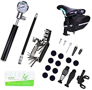 Bike Tyre Repair tool Kit & Mini Bike Pump & 16 in 1 Multi-Function & Bicycle Tyre Lever & Bicycle tail bag & Self Adhesive Tube Patch Portable Repair Cycling Tool Set for Road Mountain BMX