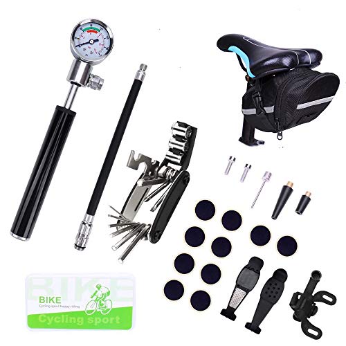 Bike Tyre Repair tool Kit & Mini Bike Pump & 16 in 1 Multi-Function & Bicycle Tyre Lever & Bicycle tail bag & Self Adhesive Tube Patch Portable Repair Cycling Tool Set for Road Mountain BMX