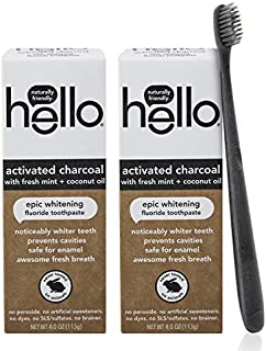 Hello Oral Care Activated Charcoal Whitening Fluoride Toothpaste Twin Pack + Bpa-Free Black Toothbrush