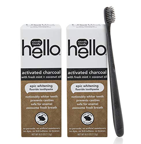 Hello Oral Care Activated Charcoal Whitening Fluoride Toothpaste Twin Pack + Bpa-Free Black Toothbrush