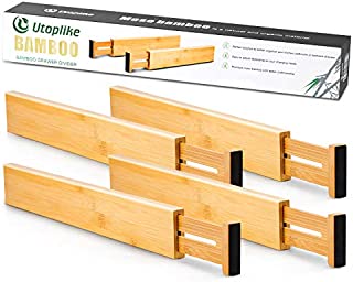 Utoplike 4 pcs Bamboo Kitchen Drawer Dividers(12.25-17.25IN),Adjustable Drawer Organizers,Spring Loaded,Works in Kitchen,Dresser,Bathroom,Bedroom,Baby Drawer,Desk