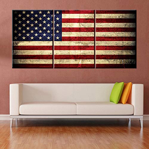 Native American Flag Pictures Star Stripes Paintings Patriotic Artwork Grunge Red Wall Art 3 Panel Prints on Canvas for Living Room Giclee House Decoration Framed Stretched Ready to Hang(60''Wx28''H)