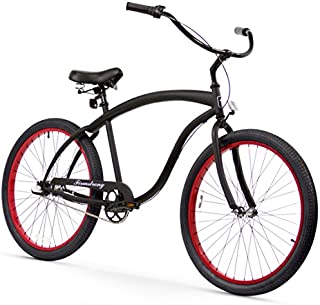 Firmstrong Bruiser 3 Speed - Men's 26-Inch Beach Cruiser Bike, Matte Black/ Red Rims