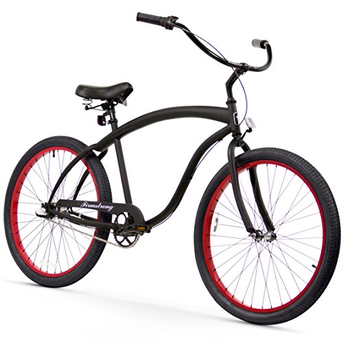 Firmstrong Bruiser 3 Speed - Men's 26-Inch Beach Cruiser Bike, Matte Black/ Red Rims