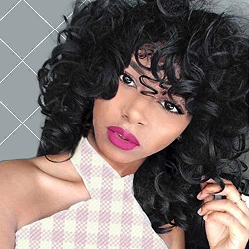 AISI QUEENS Curly Wigs Synthetic Kinky Wig with Bangs Fluffy Wavy Black Hair for Women Natural Looking with Heat Resistant Fiber