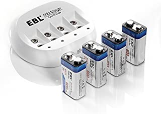 EBL 9V Li-ion 4 Bay Battery Charger with 4 Pack of 6F22 9V Li-ion 600mAh Rechargeable Batteries