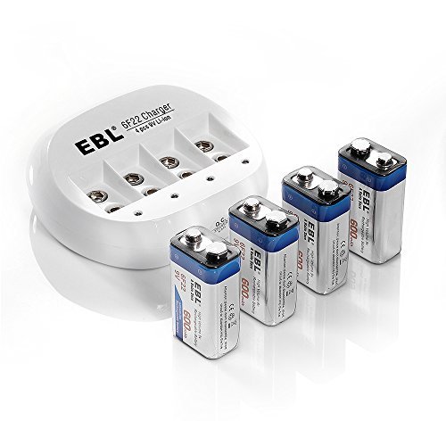 EBL 9V Li-ion 4 Bay Battery Charger with 4 Pack of 6F22 9V Li-ion 600mAh Rechargeable Batteries