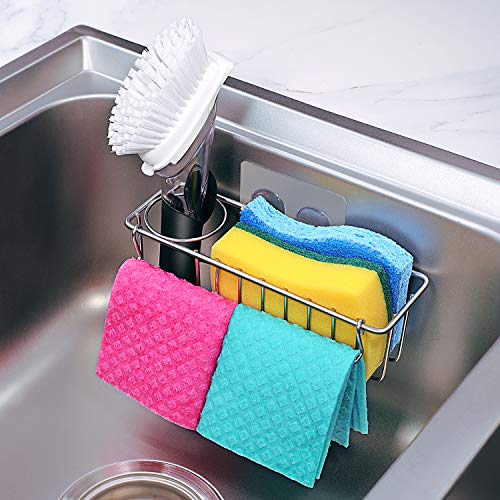 [New Folding Design] 3-in-1 Adhesive Kitchen Sink Caddy Sponge Holder + Brush Holder + Dish Cloth Hanger, In-sink Dish Sponge Caddy 304 Stainless Steel Rust Proof Kitchen Organizer Rack