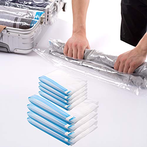 MRS BAG Travel Vacuum Bag 8 Pack (2Large(28x20'')+ 4Medium(24x16'')+ 2Small(20x14'')) Travel Hand Roll Vacuum Storage Bags for Suitcase & Luggage - No Vacuum or Pump Needed