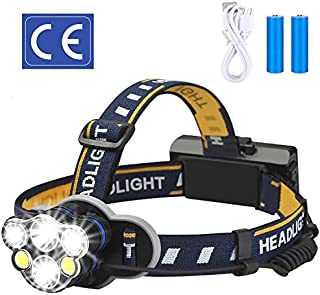 Elmchee Rechargeable headlamp, 6 LED 8 Modes 18650 USB Rechargeable Waterproof Flashlight Head Lights for Camping, Hiking, Outdoors