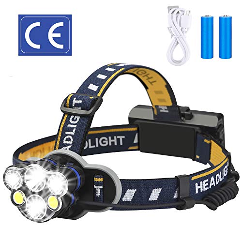 Elmchee Rechargeable headlamp, 6 LED 8 Modes 18650 USB Rechargeable Waterproof Flashlight Head Lights for Camping, Hiking, Outdoors