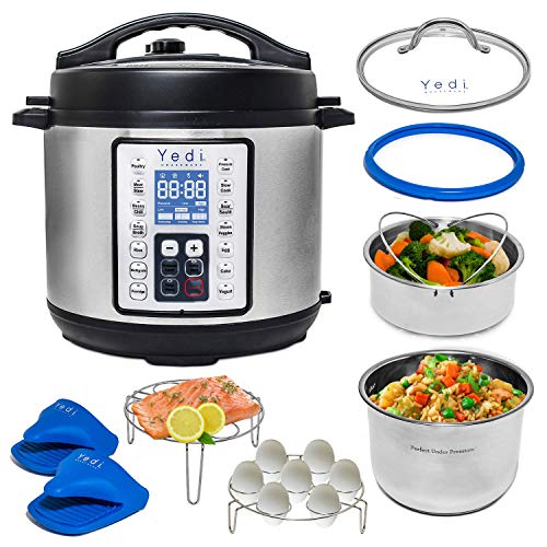 Yedi 9-in-1 Total Package Instant Programmable Pressure Cooker XL, 8 Quart, Deluxe Accessory kit, Recipes, Pressure Cook, Slow Cook, Rice Cooker, Yogurt Maker, Egg, Sauté, Steamer, Stainless Steel