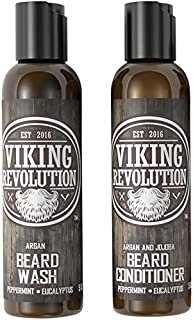 Viking Revolution Beard Wash & Beard Conditioner Set w/Argan & Jojoba Oils  Softens, Smooths & Strengthens Beard Growth - Natural Peppermint and Eucalyptus Scent - Beard Shampoo w/Beard Oil (5 oz)