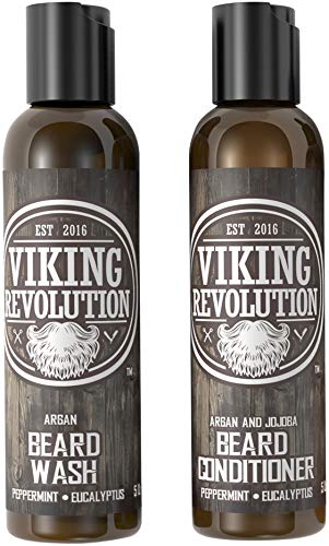 Viking Revolution Beard Wash & Beard Conditioner Set w/Argan & Jojoba Oils  Softens, Smooths & Strengthens Beard Growth - Natural Peppermint and Eucalyptus Scent - Beard Shampoo w/Beard Oil (5 oz)