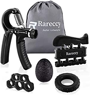 Hand Grip Strengthener Workout Kit 5 Pack, Rareccy Hand Grip Exerciser Set, Including Adjustable Resistance Hand Gripper, Finger Exerciser, Finger Stretcher, Stress Relief Grip Ball, Grip Ring (Black)