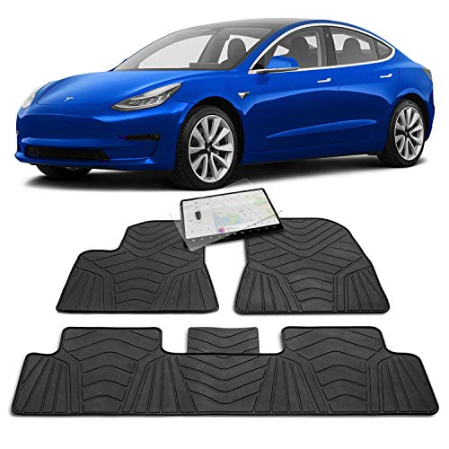 Maxats Tesla Model 3 All Weather Floor Mats with Free Screen Protector 2017-2020 - Anti-Slip Genuine Heavy Duty Rubber (4 Pack Front & Rear) Non-Odor Accessories