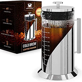 Cafe du Chateau Cold Brew Coffee Maker - 34 Ounces - 304 Grade Stainless Steel Filter - Borosilicate Glass Body - Iced Coffee Maker - Dual Layer Airtight Silicone Seals