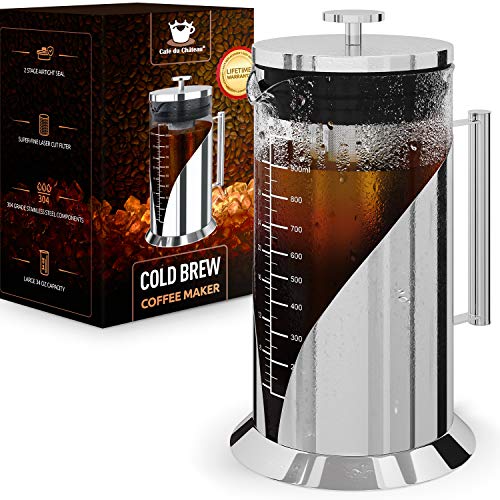 Cafe du Chateau Cold Brew Coffee Maker - 34 Ounces - 304 Grade Stainless Steel Filter - Borosilicate Glass Body - Iced Coffee Maker - Dual Layer Airtight Silicone Seals