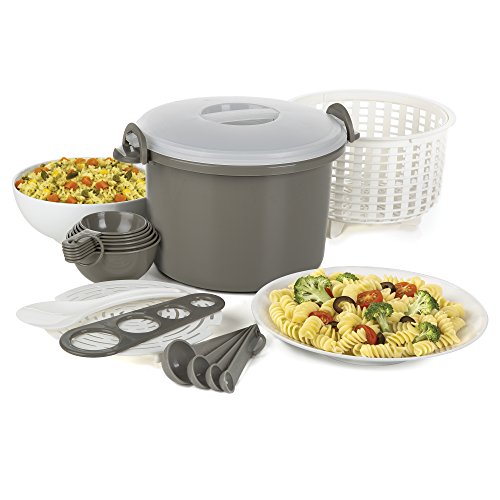 Prep Solutions by Progressive Microwaveable Rice and Pasta Cooker-17 Piece Set Includes Measuring Spoons and Cups, Rice Paddle, Steaming Insert, Pasta Measurer and Locking Lid-12 Cup Capacity BPA FREE