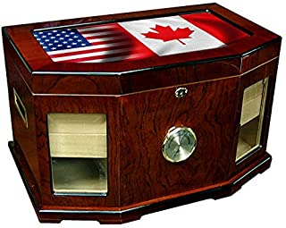 Large Premium Desktop Humidor - Glass Top - Flag of Canada (Canadian) - Waves with USA Flag - 300 Cigar Capacity - Cedar Lined with Two humidifiers & Large Front Mounted Hygrometer.