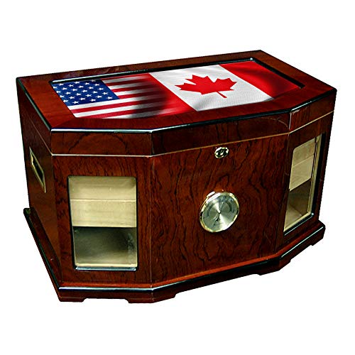 Large Premium Desktop Humidor - Glass Top - Flag of Canada (Canadian) - Waves with USA Flag - 300 Cigar Capacity - Cedar Lined with Two humidifiers & Large Front Mounted Hygrometer.