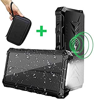 2BConnect Solar Power Bank Phone Charger Portable Qi Wireless 20000mAh, Outputs 5V/3A & Dual Inputs Type-C, High-Speed Rainproof LED Flashlight with PU Hard Travel Case