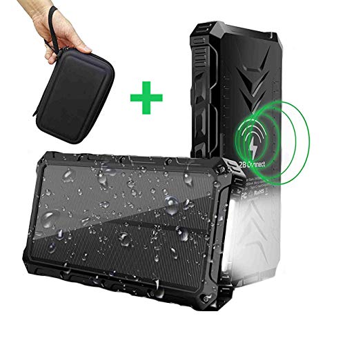 2BConnect Solar Power Bank Phone Charger Portable Qi Wireless 20000mAh, Outputs 5V/3A & Dual Inputs Type-C, High-Speed Rainproof LED Flashlight with PU Hard Travel Case