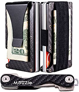 MouZie Carbon Fiber Money Clip + Cash Strap Band Slim Aluminum RFID Blocking Minimalist Premium Front Pocket Credit Card Holder edc Wallet + Compact Key Organizer Keychain Set Gift For Men Women