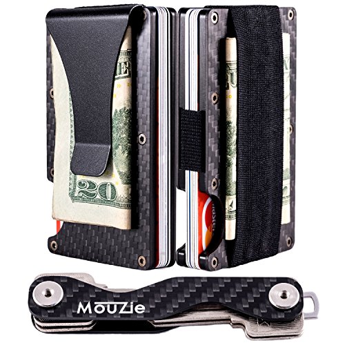 MouZie Carbon Fiber Money Clip + Cash Strap Band Slim Aluminum RFID Blocking Minimalist Premium Front Pocket Credit Card Holder edc Wallet + Compact Key Organizer Keychain Set Gift For Men Women