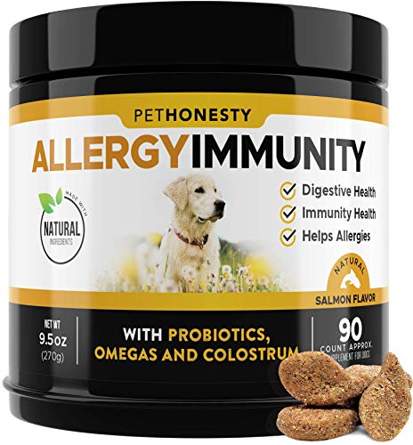 PetHonesty Allergy Relief Immunity Supplement for Dogs - Omega 3 Salmon Fish Oil, Colostrum, Digestive Prebiotics & Probiotics - for Seasonal Allergies + Anti Itch, Skin Hot Spots Soft Chews