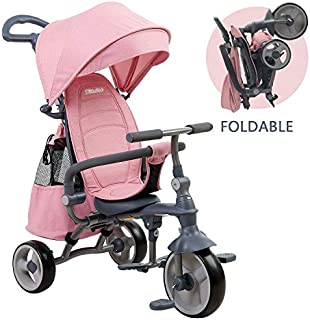 kidsclub Kids Trike, 4-in-1 Baby Tricycle, Foldable Steer Stroller, Learning Trike Push Trike with Adjustable Push Handle, Folding Pedal, Detachable Guardrail, Fit for Kids of 9-60 Months (Pink)