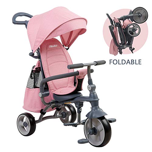 kidsclub Kids Trike, 4-in-1 Baby Tricycle, Foldable Steer Stroller, Learning Trike Push Trike with Adjustable Push Handle, Folding Pedal, Detachable Guardrail, Fit for Kids of 9-60 Months (Pink)