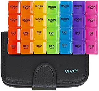 Vive XL Pill Case - Extra Large Weekly and Daily Medicine Supplement Organizer with Box Case, Splitter Cutter - Dispenser and Container for Medication 4 Times A Day - Slim 7 Day Leather Travel Holder