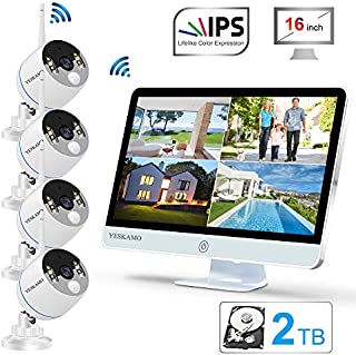 YESKAMO Long Range Wireless Outdoor Home Security Camera System with 16inch 1080p IPS Monitor 2TB Hard Drive [Floodlight & Audio]4 Spotlight IP Cameras WiFi 8 Channel Surveillance DVR Kits 2 Way Audio