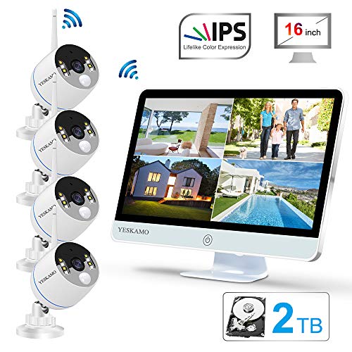 YESKAMO Long Range Wireless Outdoor Home Security Camera System with 16inch 1080p IPS Monitor 2TB Hard Drive [Floodlight & Audio]4 Spotlight IP Cameras WiFi 8 Channel Surveillance DVR Kits 2 Way Audio