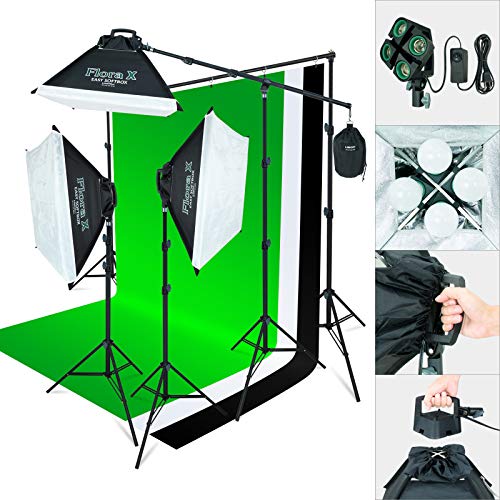 Linco Lincostore 2000 Watt Photo Studio Lighting Kit with 3 Color Muslin Backdrop Stand Photography Flora X Fluorescent 4-Socket Light Bank and Auto Pop-Up Softbox - Only Takes 3 Seconds to Set-up