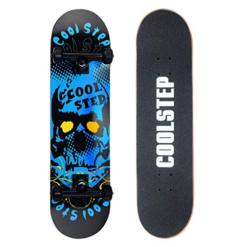 Coolstep Pro Skateboard 8-inch Full Complete for Trick Beginners, Cool Design (Blue)