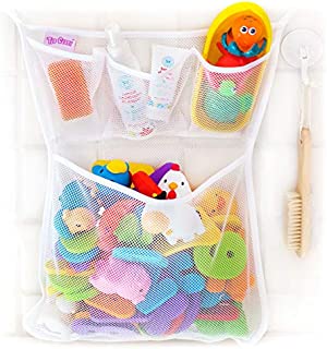 Tub Cubby Bath Toy Organizer + Ducky - Mold Resistant Mesh Net Bin - Baby Bathtub Game Holder with Suction & Sticker Hooks Toddler Play Bathroom Storage Tray Bag Shower Caddy - Kids CPSIA Safety Award