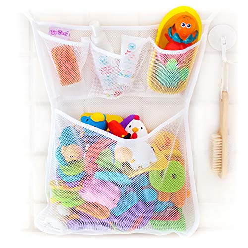 Tub Cubby Bath Toy Organizer + Ducky - Mold Resistant Mesh Net Bin - Baby Bathtub Game Holder with Suction & Sticker Hooks Toddler Play Bathroom Storage Tray Bag Shower Caddy - Kids CPSIA Safety Award