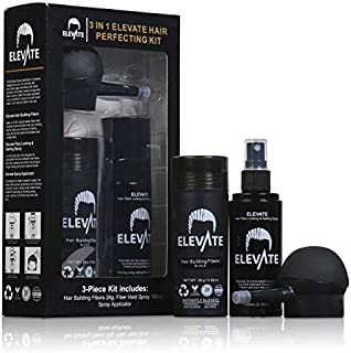 ELEVATE Hair Perfecting 3-in-1 Kit Set Includes Natural Hair Thickening Fibers & Spray Applicator Pump Nozzle & Locking Setting Hold Hair Spray | Instantly Conceal Thinning Balding Hair Areas (Black)